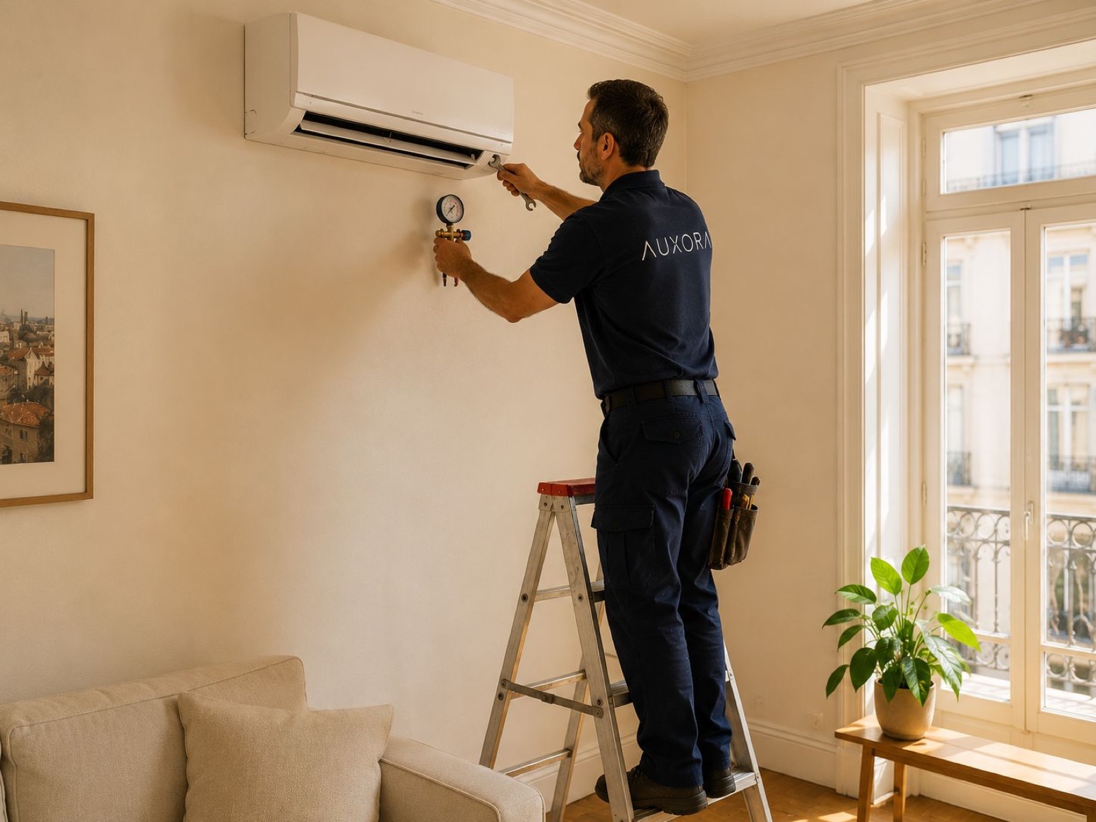 Técnico AUXORA a instalar unidade de ar condicionado split