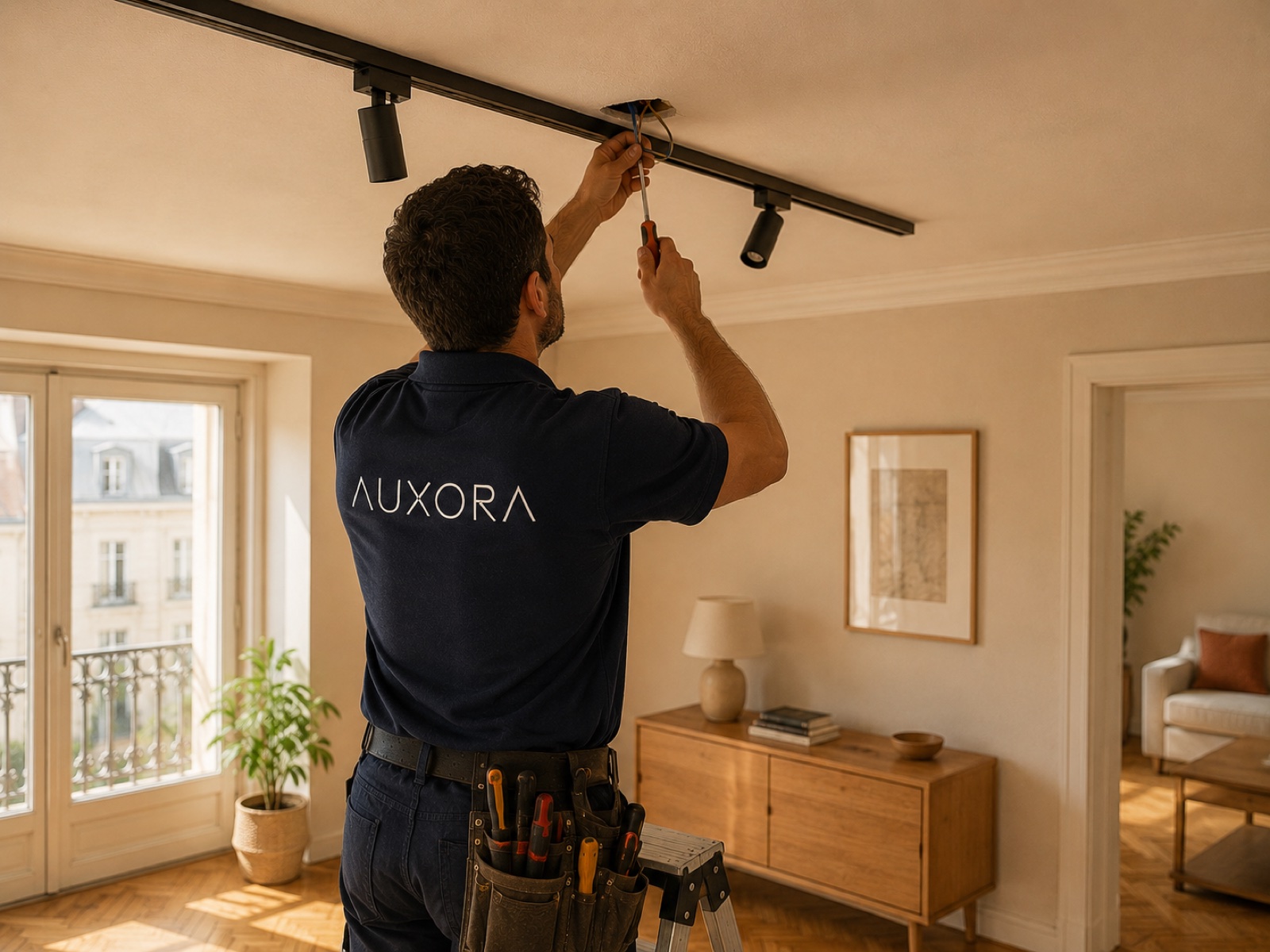 Electricista AUXORA a instalar calha de iluminação no tecto