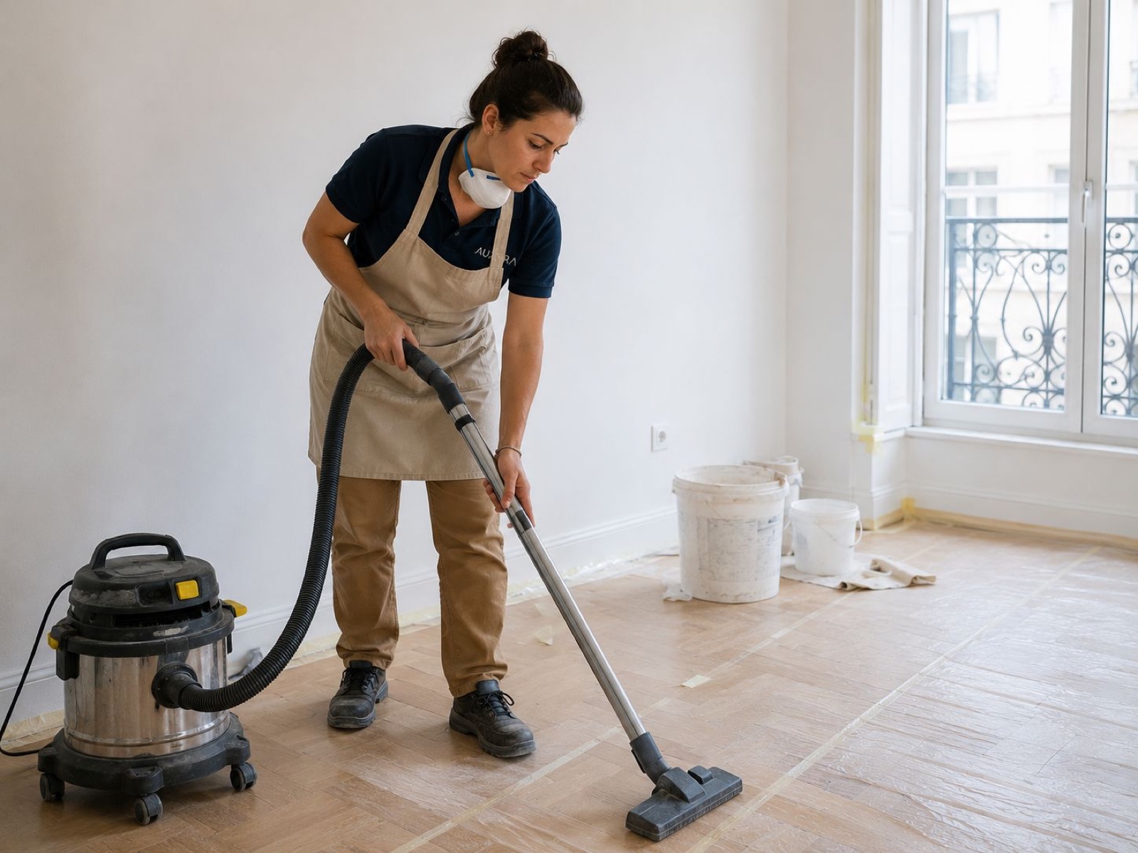 Profissional AUXORA a aspirar pó fino numa casa acabada de remodelar