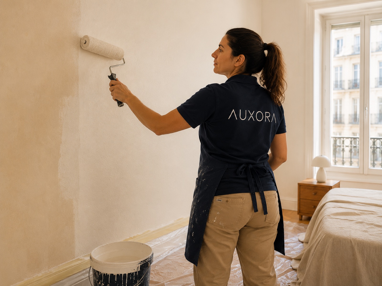 Pintora AUXORA a pintar parede de quarto com rolo